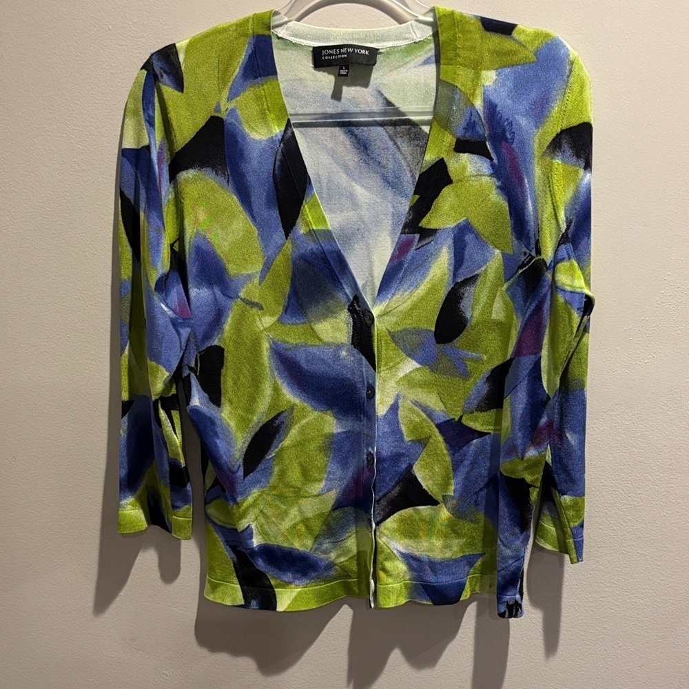 Jones New York Lime Green, Royal Blue & Black Abstract Print Cardigan